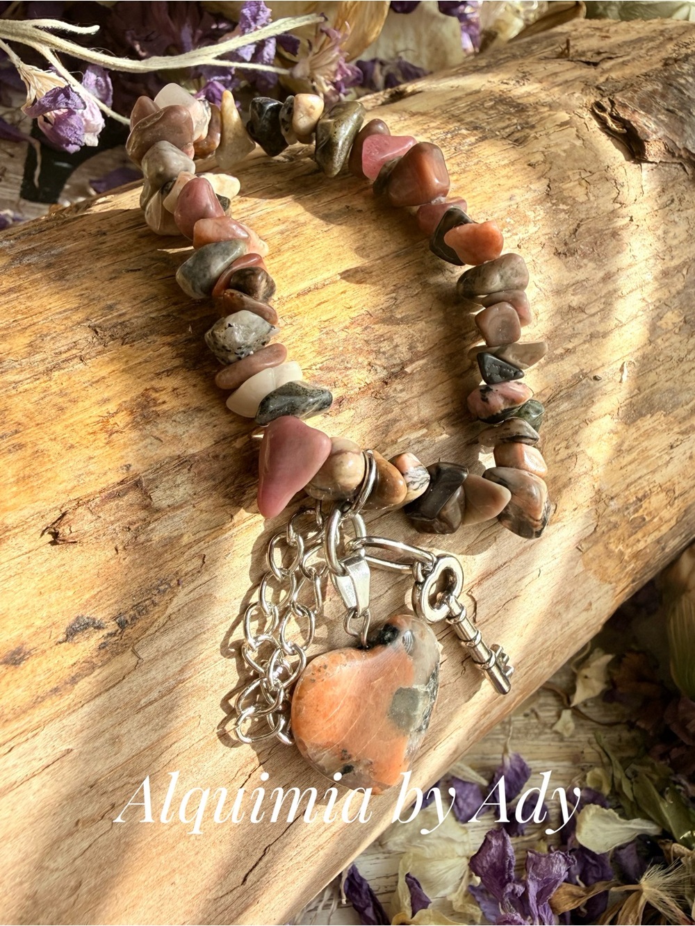 OCEAN JASPER Peach, Brown Beaded Bracelet with heart silver charms